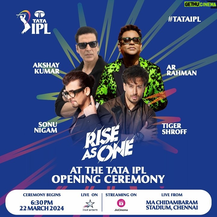 Akshay Kumar Instagram - The stage is set, the lights are bright, and the stars are ready to shine at the #TATAIPL 2024 Opening Ceremony! 🎉🥳 Get ready for an unforgettable fusion of cricket and entertainment ft. a stellar lineup! ✨ 🗓22nd March ⏰6:30 PM onwards