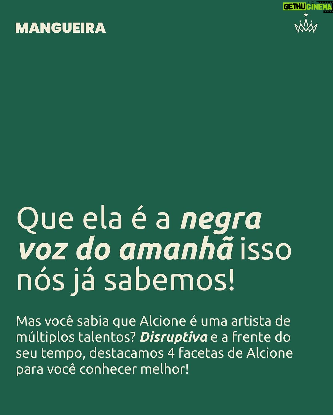 Alcione Instagram - Orgulho da Nação! Artista de vanguarda, mulher de múltiplos talentos que reina por onde passa - essa é Alcione, A Negra Voz do Amanhã. Para além do canto, sua vida foi atravessada por outros ofícios que fazem parte de quem ela é hoje: vamos conhecer? Fonte: Nova Brasil FM / Gama Revista / Enciclopédia Itaú Cultural Imagem/Reprodução: Internet #Mangueira #Alcione #ANegraVozdoAmanhã Estação Primeira de Mangueira