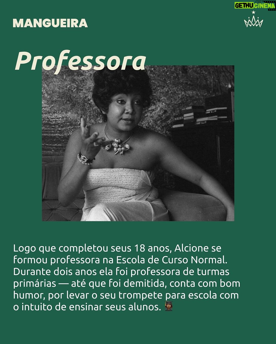 Alcione Instagram - Orgulho da Nação! Artista de vanguarda, mulher de múltiplos talentos que reina por onde passa - essa é Alcione, A Negra Voz do Amanhã. Para além do canto, sua vida foi atravessada por outros ofícios que fazem parte de quem ela é hoje: vamos conhecer? Fonte: Nova Brasil FM / Gama Revista / Enciclopédia Itaú Cultural Imagem/Reprodução: Internet #Mangueira #Alcione #ANegraVozdoAmanhã Estação Primeira de Mangueira