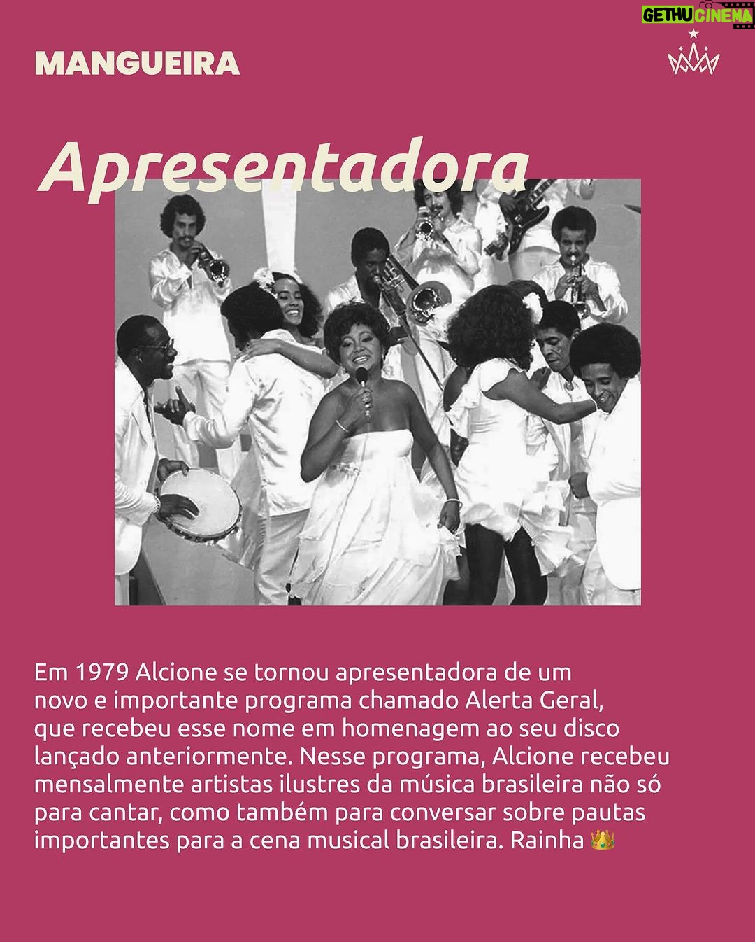 Alcione Instagram - Orgulho da Nação! Artista de vanguarda, mulher de múltiplos talentos que reina por onde passa - essa é Alcione, A Negra Voz do Amanhã. Para além do canto, sua vida foi atravessada por outros ofícios que fazem parte de quem ela é hoje: vamos conhecer? Fonte: Nova Brasil FM / Gama Revista / Enciclopédia Itaú Cultural Imagem/Reprodução: Internet #Mangueira #Alcione #ANegraVozdoAmanhã Estação Primeira de Mangueira
