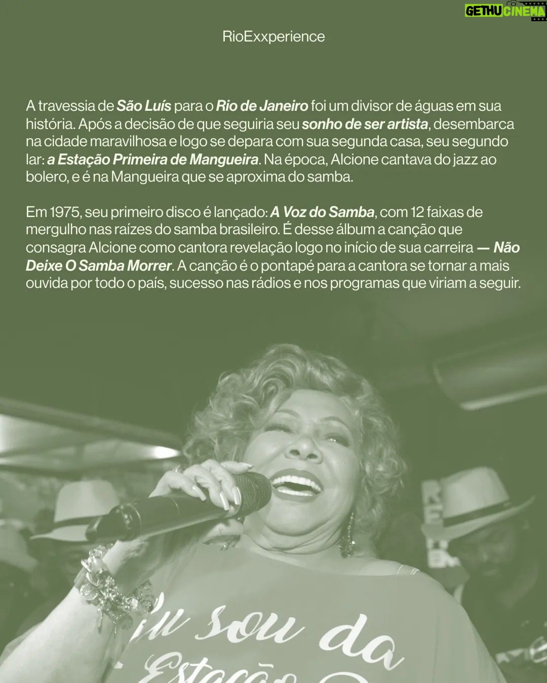 Alcione Instagram - O RioExxperience tem rainha e não é uma qualquer! 👑 ALCIONE, A Negra Voz do Amanhã, será a grande homenagem da Estação Primeira de Mangueira no Carnaval de 2024, e o RioExxperience canta a Marrom numa exxperiência exxclusiva em tons de verde e rosa, celebrando a vida e a obra dessa artista única da Música Popular Brasileira. Você ainda pode fazer parte desse momento único com conforto e exxclusividade e assistir o desfile da Mangueira na melhor localização da Sapucaí. 📲 Clique no link da bio e Viva a Exxperiência! Últimos Ingressos! Fontes: A Voz do Samba, por Revista GAMA / Enciclopédia Itaú Cultural / A NEGRA VOZ DO AMANHÃ. Mangueira 2024. Texto de Sthefanye Paz, Annik Salmon e Guilherme Estevão. / O Estadão / #Alcione #RioExxperience #sapucaí Sambódromo da Marquês de Sapucaí