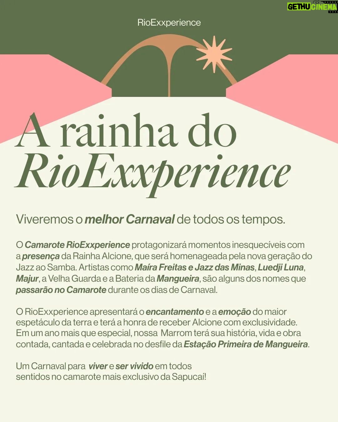 Alcione Instagram - O RioExxperience tem rainha e não é uma qualquer! 👑 ALCIONE, A Negra Voz do Amanhã, será a grande homenagem da Estação Primeira de Mangueira no Carnaval de 2024, e o RioExxperience canta a Marrom numa exxperiência exxclusiva em tons de verde e rosa, celebrando a vida e a obra dessa artista única da Música Popular Brasileira. Você ainda pode fazer parte desse momento único com conforto e exxclusividade e assistir o desfile da Mangueira na melhor localização da Sapucaí. 📲 Clique no link da bio e Viva a Exxperiência! Últimos Ingressos! Fontes: A Voz do Samba, por Revista GAMA / Enciclopédia Itaú Cultural / A NEGRA VOZ DO AMANHÃ. Mangueira 2024. Texto de Sthefanye Paz, Annik Salmon e Guilherme Estevão. / O Estadão / #Alcione #RioExxperience #sapucaí Sambódromo da Marquês de Sapucaí