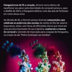 Alcione Instagram - Alcione + Carnaval: uma história de amor que a Verde e Rosa vai contar, cantar e encantar! 🤩 A ala “Nobre Exaltação aos Sambas” propõe alianças entre a paixão de Marrom pelo carnaval carioca e o respeito e dignidade que a Mangueira tem ao exaltar seus conterrâneos de desfiles: muitos anos de competição e trajetórias que compartilham o suor e dedicação entre todas as agremiações. Arrasta pro lado e vem entender mais sobre a relação entre a nossa rainha @alcioneamarrom e seu eterno carinho (mais que recíproco) pelas agremiações. 👑 Texto/Imagem/Reprodução: Site Oficial da Mangueira / Discogs / Letras.com #Mangueira #Alcione #ANegraVozdoAmanhã Estação Primeira de Mangueira