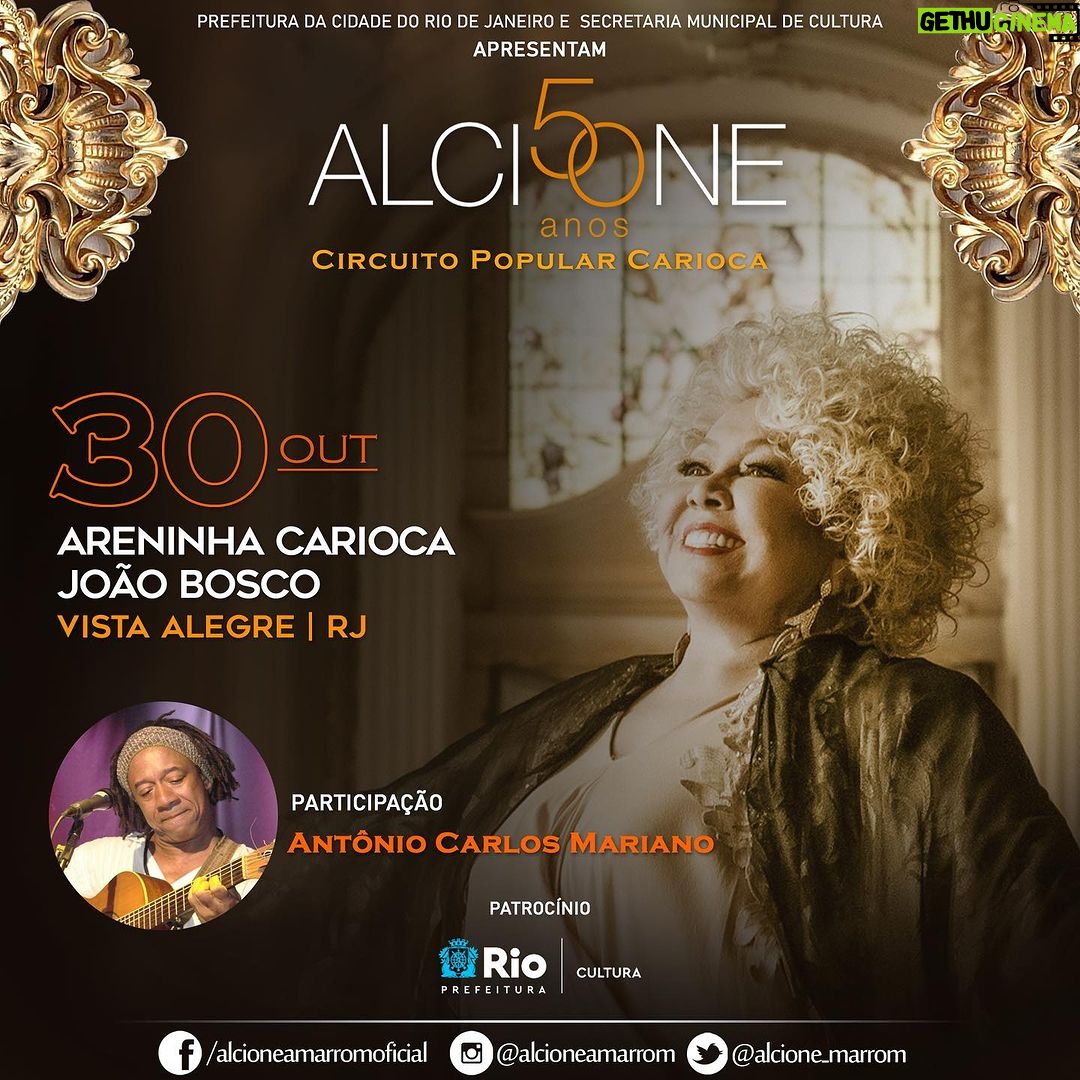 Alcione Instagram - ATENÇÃO PARA A MUDANÇA DE DATA: o show passou do dia 25/10 para o dia 30/10. Quem conseguiu ingresso não precisa passar por nenhum processo de mudança de bilhete. Na segunda-feira (30/10), às 19h, tem show de 50 anos de carreira da Alcione na Areninha João Bosco, que reabriu recentemente, ainda mais moderna e confortável para seu público, para Vista Alegre! Para representar os moradores da região no palco, Antônio Carlos Mariano foi o grande escolhido para cantar com Marrom neste show do Cirtuito Popular Carioca. Informamos que os ingressos já estão esgotados. A procura on-line foi altíssima pro último show desta turnê, afinal, quem não ama um show da Marrom e ainda gratuito? 😍 #CircuitoPopularCarioca #VistaAlegre #ShowRio #PrefeituraRio #CulturaRio #VivaACulturaCarioca Vista Alegre, Rio de Janeiro