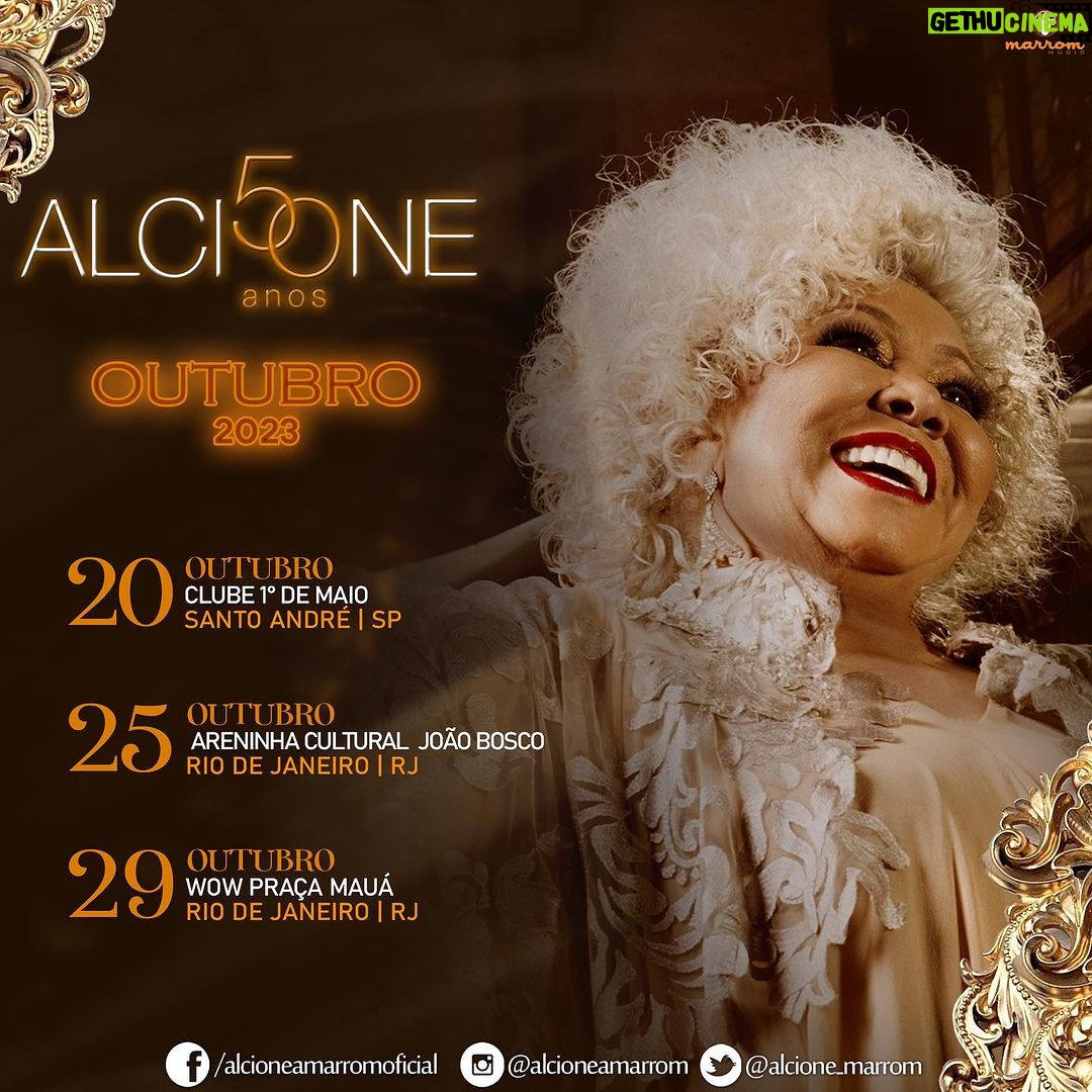 Alcione Instagram - Agenda de Outubro atualizada! Na primeira quinzena, a Marrom se dedicou à muitas novidades que estão por vir, mas a partir de hoje, nossa cantora retorna à estrada! Onde vamos nos encontrar???? (Equipe) 20/10 Clube 1º de Maio | Santo André/SP 25/10 Areninha Cultural João Bosco (Vista Alegre) | Rio de Janeiro/RJ 29/10 WOW Praça Mauá | Rio de Janeiro/RJ