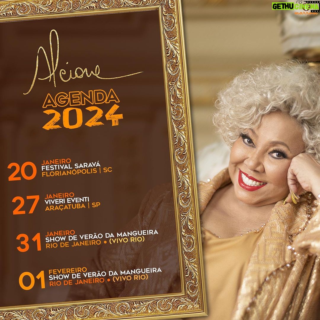 Alcione Instagram - Agendas de Janeiro e a prévia de Fevereiro disponíveis! (Equipe) 20/01 Festival Saravá | Florianópolis/SC 27/01 Viveri Eventi | Araçatuba/SP 31/01 e 01/02 Show de Verão Mangueira Vivo Rio | Rio de Janeiro/RJ 03/02 Feijoada da Mangueira | Rio de Janeiro/RJ 04/02 Ensaio Técnico da Mangueira 04/02 Participação Show Zeca Pagodinho Engenhão | Rio de Janeiro/RJ 10/02 Camarote Rio Exxperience Sapucaí | Rio de Janeiro/RJ 11/02 Camarote Rio Exxperience Sapucaí | Rio de Janeiro/RJ 12/02 Desfile da Mangueira 13/02 Desfile da Mangueira do Amanhã 17/02 Desfile das Campeãs 25/02 Fazenda Lalu | Nova Iguaçu/RJ