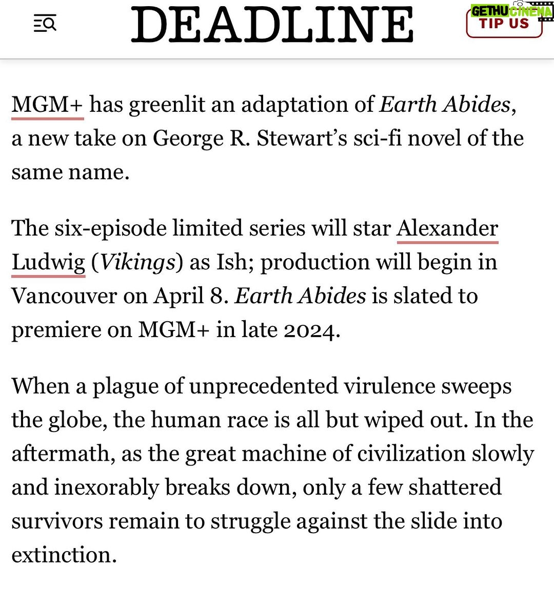 Alexander Ludwig Instagram - Couldn’t be more excited about this project. Thank you to @mgmplus Michael Wright, Todd Komarnicki, Kearie Peak, Lighthouse Productions, Michael Phillips and Juliana Maio for entrusting me with this seminal piece of work. The book is incredible and “Isherwood Williams (ish)” is a character unlike any I have had the chance to portray. Truly a dream job and I am overjoyed for the opportunity to bring this to you all. Stay tuned