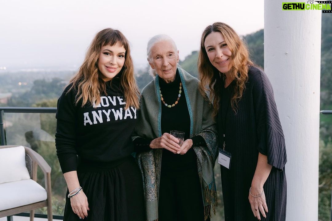 Alyssa Milano Instagram - “Only if we understand, can we care. Only if we care, we will help. Only if we help, we shall be saved.” -Jane Goodall I had the opportunity to spend the evening with Jane Goodall—a hero of mine—celebrating her 90th Birthday. She is everything. I felt a wave of emotion crash over me when I saw her. She said, “I feel bad that I make people cry.” I said, “Don’t feel bad. You change people on a cellular level.” Jane looked at me dead in the eye and replied, “Please don’t call it cellular. It makes it sound too scientific. Call it ‘spiritual’.” Indeed, Dr. Goodall. You affect me, and so many others, on a spiritual level. And to be able to share this experience with my bestie from highschool—made it all the more sweet.