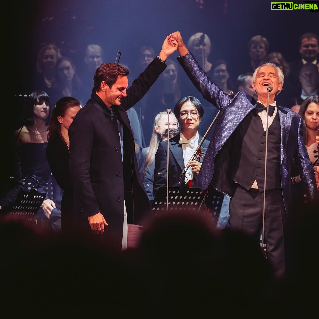 Andrea Bocelli - 79.6K Likes - A myth on and off the court. A master whose control and dexterity inspire wonder, defying the humanly possible, with a loyalty and a sensitivity that the world glimpses both in the many legendary finals and in the many humanitarian endeavors that see him come out on top regularly – with the latter being the most important, because they aim to make everyone, and life itself, the winner.
When I picture Roger Federer, I imagine him offering a handshake and an earnest smile to his opponent after a match. This intense, authentic gesture reveals the greatness of a modern hero, a shining example for us all.
I myself had the privilege of shaking his hand on stage in Zurich. It was a true honor to dedicate my last song, one of opera’s best-known victory anthems, to him. It was an even greater honor to stand beside him and share the intense emotion of the moment before releasing the intensity with a hug that I have borne in my heart since that evening.
@rogerfederer