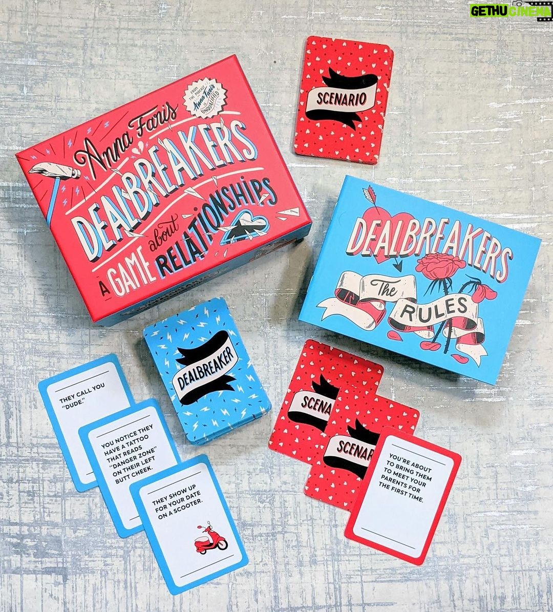 Anna Faris Instagram - What do you look for in a romantic partner? Or much more interesting, what’s your dealbreaker? Ask your friends and you might be surprised by their answers! One of my favorite parts of the @unqualified podcast is the DEALBREAKERS segment so I thought… maybe we should turn this into a game? Thank you to my friends at @runningpressbooks for making it happen! You can find DEALBREAKERS wherever you buy your books and there’s a link in my bio to learn more. #Dealbreakers #GameNight #BookishFeatures