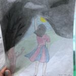 Annie Murphy Instagram - One of the many incredible programs offered at the Care center in Amman, is art therapy, which helps the kids talk about and process their trauma caused by war, displacement, and poverty. One of the methods they use is using shadows and grey-scale to represent the kids’ past, and after spending some time with the shadows, they begin to introduce colour and light to represent their present and future. . Diana, who is 12, knew I’d be coming to visit, and brought some of her artwork from home, which she very proudly showed me. After flipping through pages of anime, and hearts, and ice cream cones, I came across these two drawings that have been in my head for days. @carecanada