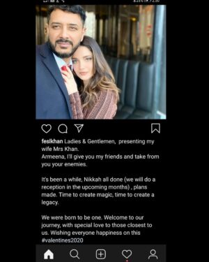 Armeena Khan Instagram - Presenting my husband @feslkhan that’s it guys, we are official. We will have a wedding party at a later stage. Thank you to everyone for understanding and supporting us. Love you all. Mrs. Khan. ❤️ Happy Valentines Day.