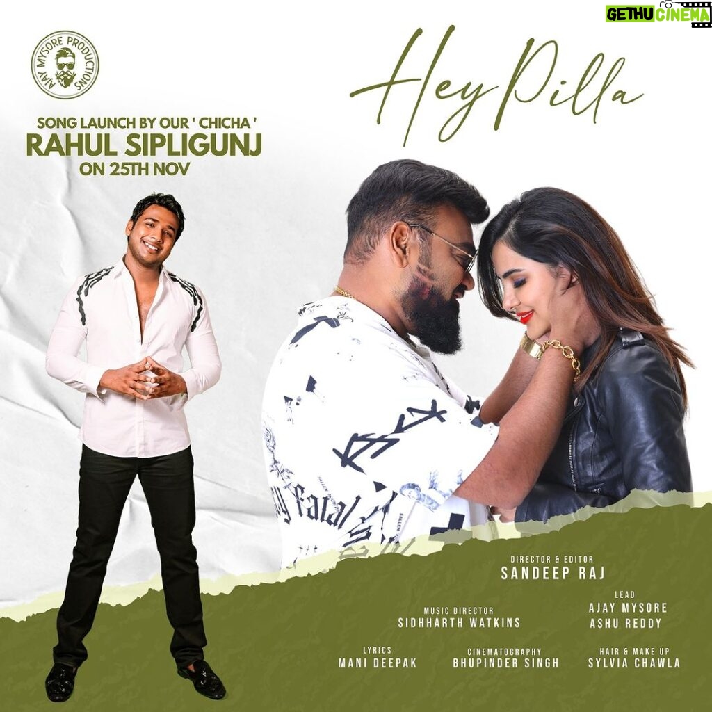 Ashu Reddy Instagram - This is the time to announce our next single coming up starring @ashu_uuu and @ajay.mysore_ . We so excited our chicha @sipligunjrahul will be launching this song on his upcoming trip to Australia . We thank @old_monk_entertainments @dhathriammanabolu for making this happen . Save the date 25th Nov @the_timberyard 6pm. Director& Editor @sandeeprajfilms Music @siddharth_music Make up @makeupbysylviac DOP @pindah28 Lyrics @manideepak.kadimisetty
