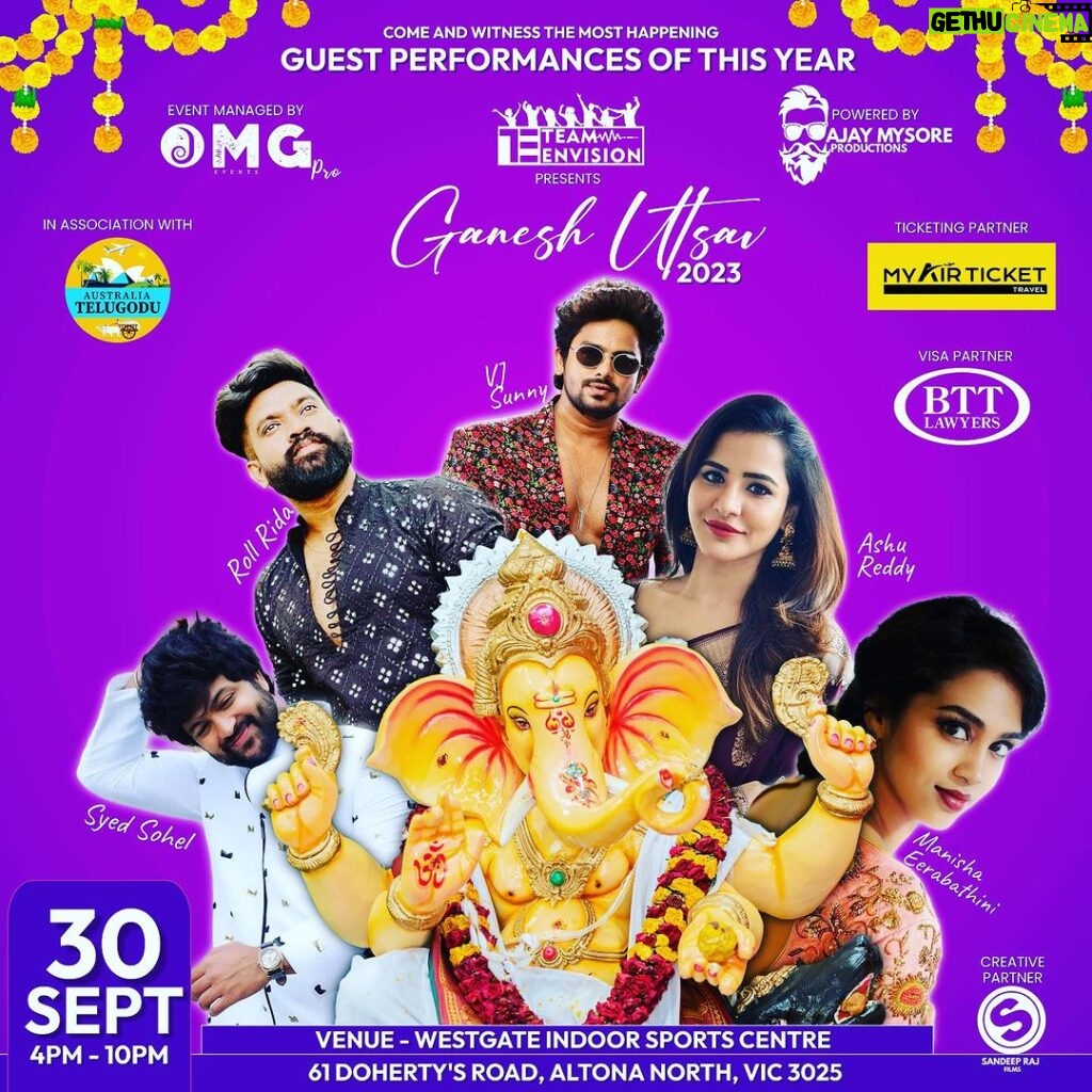 Ashu Reddy Instagram - Last but not the least.. celebrating our Ganesh festival in Melbourne this 30th September.. we would like everyone to grace this event and feel blessed. Please do come and support @australia_team_envision in association with @ajay.mysore_ productions and we would love to welcome our 5 celebrities from #bharat . @manisha.eerabathini @ashu_uuu @iamvjsunny @syedsohelryan_official @rollrida