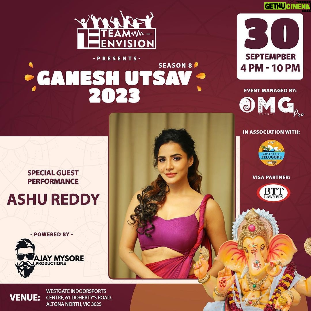 Ashu Reddy Instagram - π Special Performance Alert! π Get ready to be wowed as actress @ashu_uuu takes the stage at @australia_team_envision βs Ganesh Utsav Season 8 on September 30th! π₯β¨ Join us for this exciting moment! Save the date and spread the word. See you there! π₯³ #teamenvisionganeshustav2023β€οΈ #ganesh #ashureddy #telugustudents #telugu #indiansinmelbourne #indianstudents #australiatelugustudents #australiatelugodu #omgproevents #ganeshfestival #ganeshutsav #australia #melbourne Westgate Indoor Sports