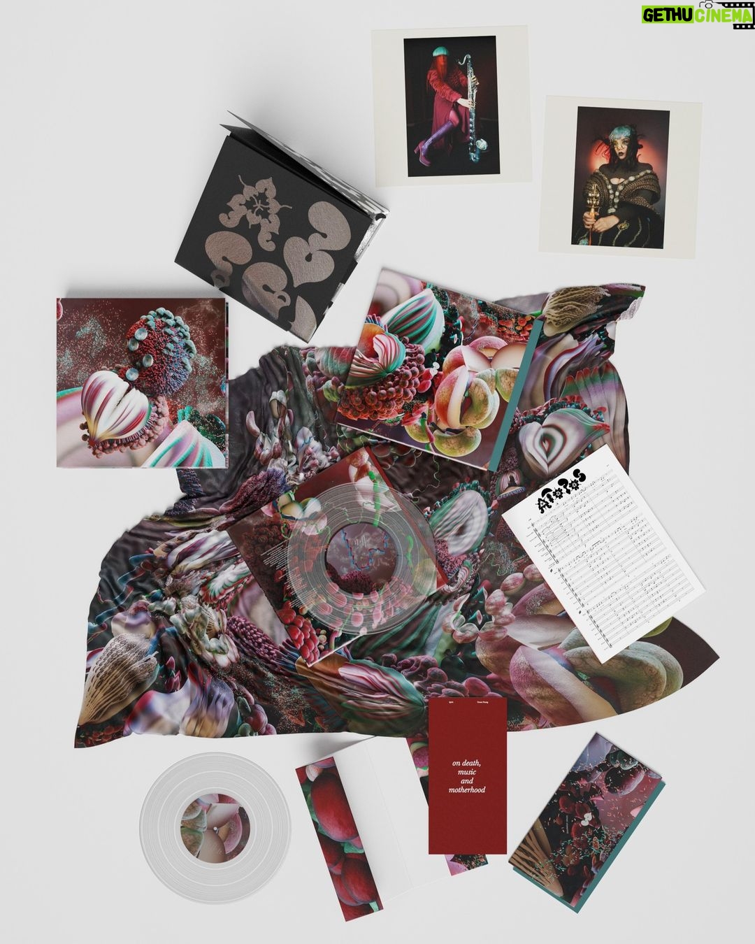 Björk Instagram - fossora limited edition deluxe boxset is available to pre-order via link in bio. designed by @mmparisdotcom Includes: 5 reimagined tracks on 2 x 10” crystal clear vinyl 100% silk oversized scarf 2 x fine art pigment prints atopos score book illustrated booklet music notebook fossora alphabet poster certificate of authenticity