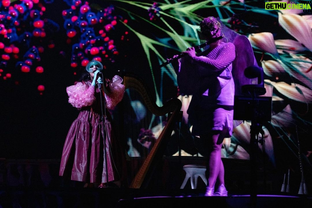 Björk Instagram - thanks for tonight vienna! It was a pleasure having one of your very own onstage tonight, manu delago. musicians : @viibraflutes @bergurth @manudelagomusic @katiebuckleyharpist bjork outfit @ndreaskronthaler @viviennewestwood headpieces @james.t.merry gloves @jan_eneskey shoes @melissaofficial x victor & rolf sphaera dress @irisvanherpen musicians outfits @balmain hair pieces @tomikono_wig makeup @isshehungry styling @eddagud photos @santiagraphy Vienna, Austria