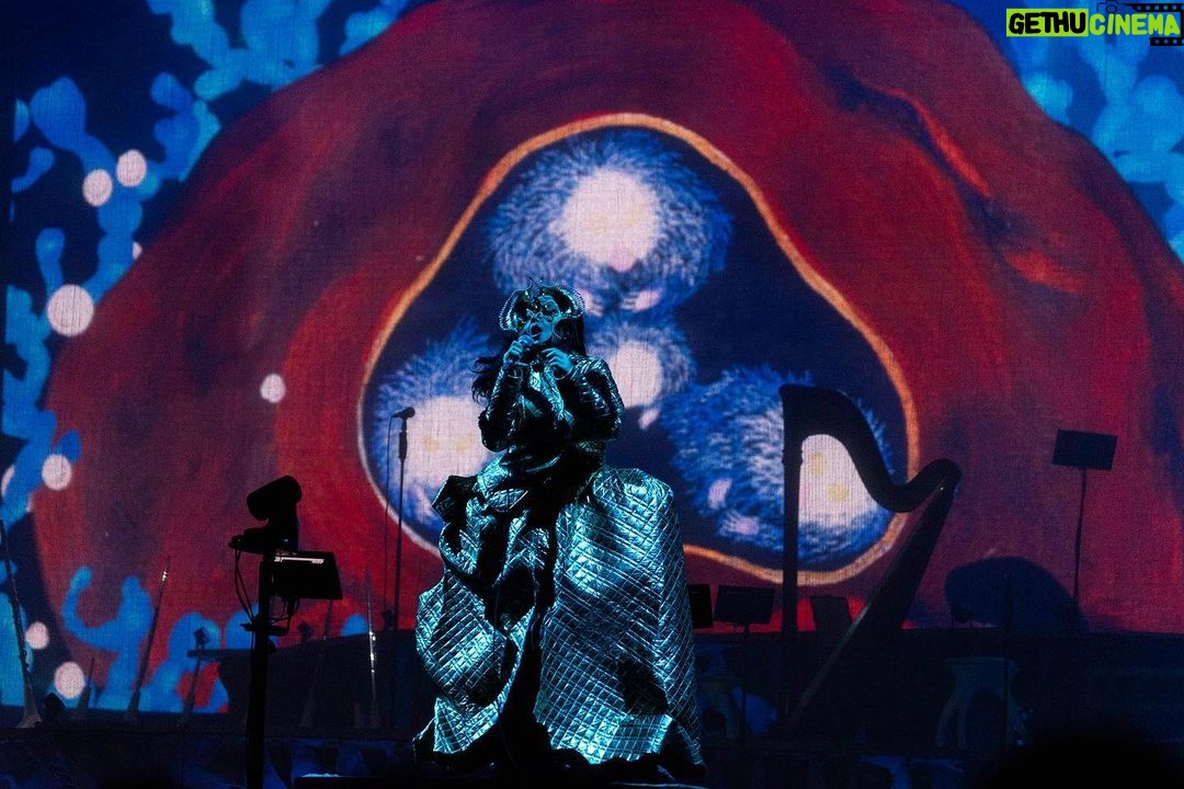 Björk Instagram - thanks for tonight prague! musicians : @viibraflutes @bergurth @manudelagomusic @katiebuckleyharpist bjork outfit @babbym headpieces @james.t.merry boots @driesvannoten sphaera dress @irisvanherpen musicians outfits @balmain hair pieces @tomikono_wig makeup @isshehungry styling @eddagud photos @santiagraphy Prague, Czech Republic