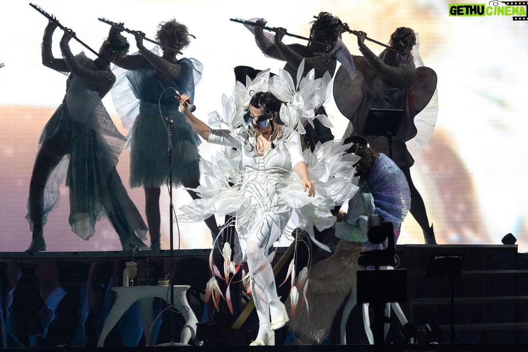 Björk Instagram - thank you milan for a magnificent evening ! musicians : @viibraflutes @bergurth @manudelagomusic @katiebuckleyharpist bjork outfit @bnnttclay.labs @bnnttclay hat @sanchez_kane headpieces @james.t.merry boots @driesvannoten encore sphaera dress @irisvanherpen musicians outfits @balmain hair pieces @tomikono_wig makeup @isshehungry styling @eddagud photos @santiagraphy