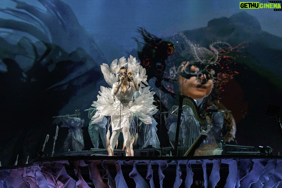 Björk Instagram - thank you paris for a spectacular evening ! musicians : @viibraflutes @bergurth @manudelagomusic @katiebuckleyharpist bjork dress @jisoobaikparis anthurium flower @loewe headpieces @james.t.merry shoes @maisonmargiela encore outfit @irisvanherpen musicians outfits @balmain hair pieces @tomikono_wig makeup @isshehungry styling @eddagud photos @santiagraphy