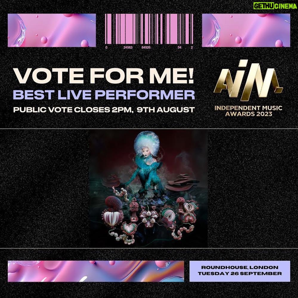 Björk Instagram - thank you @aim_uk public vote is open until 2pm , 9th of august #AIMAwards2023