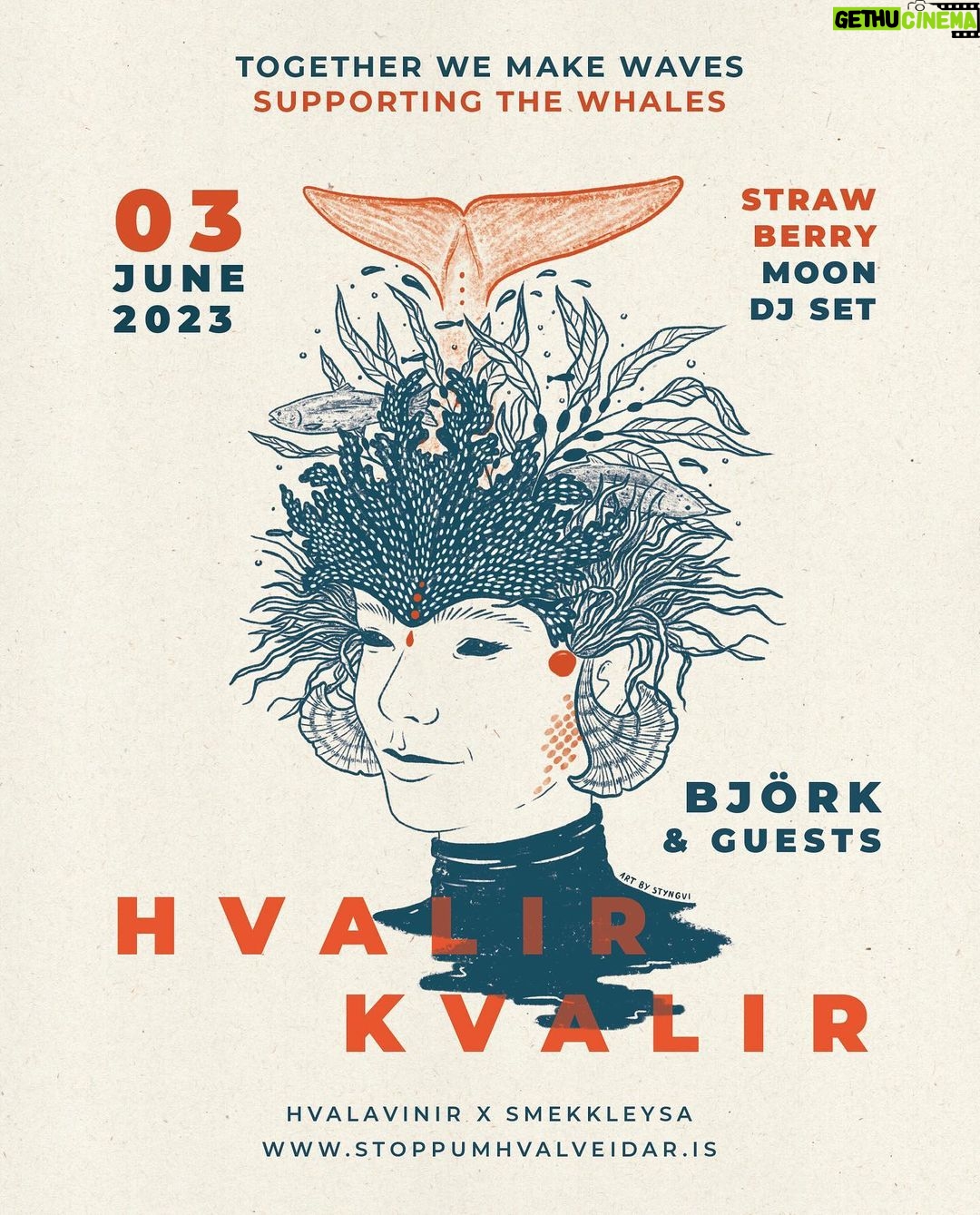 Björk Instagram - join us for a day of music, solidarity and artistic expression as we gather for a cause close to our hearts . the event is organised to raise awareness for the 207 fin whales that will be hunted this summer, and to urge the icelandic government to immediately end the killing of whales @hvalavinir x @smekkleysa_sm artwork and graphic design by @styngvi Reykjavík, Iceland