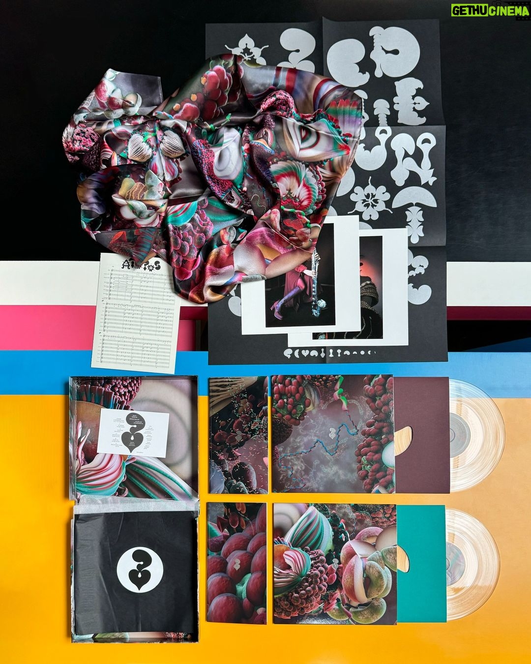 Björk Instagram - the fossora box set designed by @mmparisdotcom available via link in bio Includes: 5 reimagined tracks on 2 x 10” crystal clear vinyl 100% silk oversized scarf 2 x fine art pigment prints atopos score book illustrated booklet music notebook fossora alphabet poster certificate of authenticity