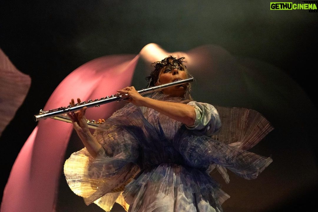 Björk Instagram - thank you madrid for a beautiful evening ! musicians : @viibraflutes @bergurth @manudelagomusic @katiebuckleyharpist bjork dress @stinarand headpieces @james.t.merry leggings @vanebon shoes @maisonmargiela encore outfit @irisvanherpen musicians outfits @balmain hair pieces @tomikono_wig makeup @isshehungry styling @eddagud photos @santiagraphy