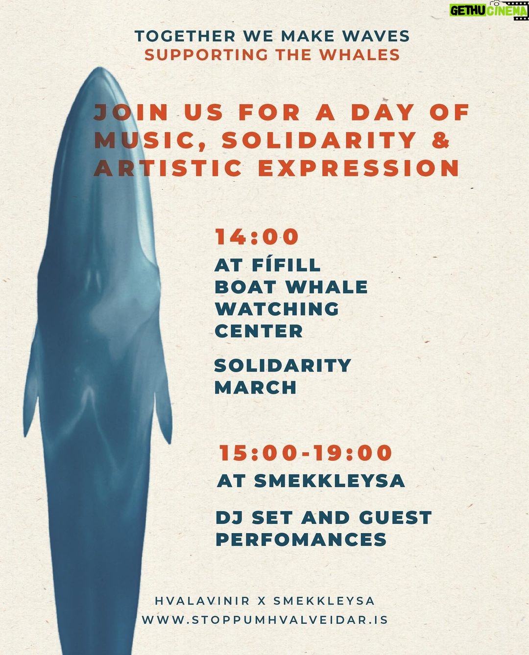 Björk Instagram - join us for a day of music, solidarity and artistic expression as we gather for a cause close to our hearts . the event is organised to raise awareness for the 207 fin whales that will be hunted this summer, and to urge the icelandic government to immediately end the killing of whales @hvalavinir x @smekkleysa_sm artwork and graphic design by @styngvi Reykjavík, Iceland