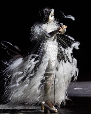 Björk Instagram - @coachella 

conductor @bjarnifrimann 
orchestra : hollywood string ensemble
björk dress @noirkeininomiya 
headpiece @james.t.merry 
bodysuit @solangel 
makeup @isshehungry 
bjarni frímann top @maisonvalentino 
skirt @weishengparis 
styling @eddagud 
photos @santiagraphy 
drone photos @charles.reagan 
mask production @secca_kanazawa 
3D printing support by DMM.make
mask technical direction @suganokaoru 
producer : reiko kunieda.

drone light performance by
@studio.drift 
@dronestories.show 
@twofiftyk 
@novaskystories 
björk creative direction :
björk , @james.t.merry