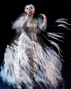 Björk Instagram - @coachella 

conductor @bjarnifrimann 
orchestra : hollywood string ensemble
björk dress @noirkeininomiya 
headpiece @james.t.merry 
bodysuit @solangel 
makeup @isshehungry 
bjarni frímann top @maisonvalentino 
skirt @weishengparis 
styling @eddagud 
photos @santiagraphy 
drone photos @charles.reagan 
mask production @secca_kanazawa 
3D printing support by DMM.make
mask technical direction @suganokaoru 
producer : reiko kunieda.

drone light performance by
@studio.drift 
@dronestories.show 
@twofiftyk 
@novaskystories 
björk creative direction :
björk , @james.t.merry