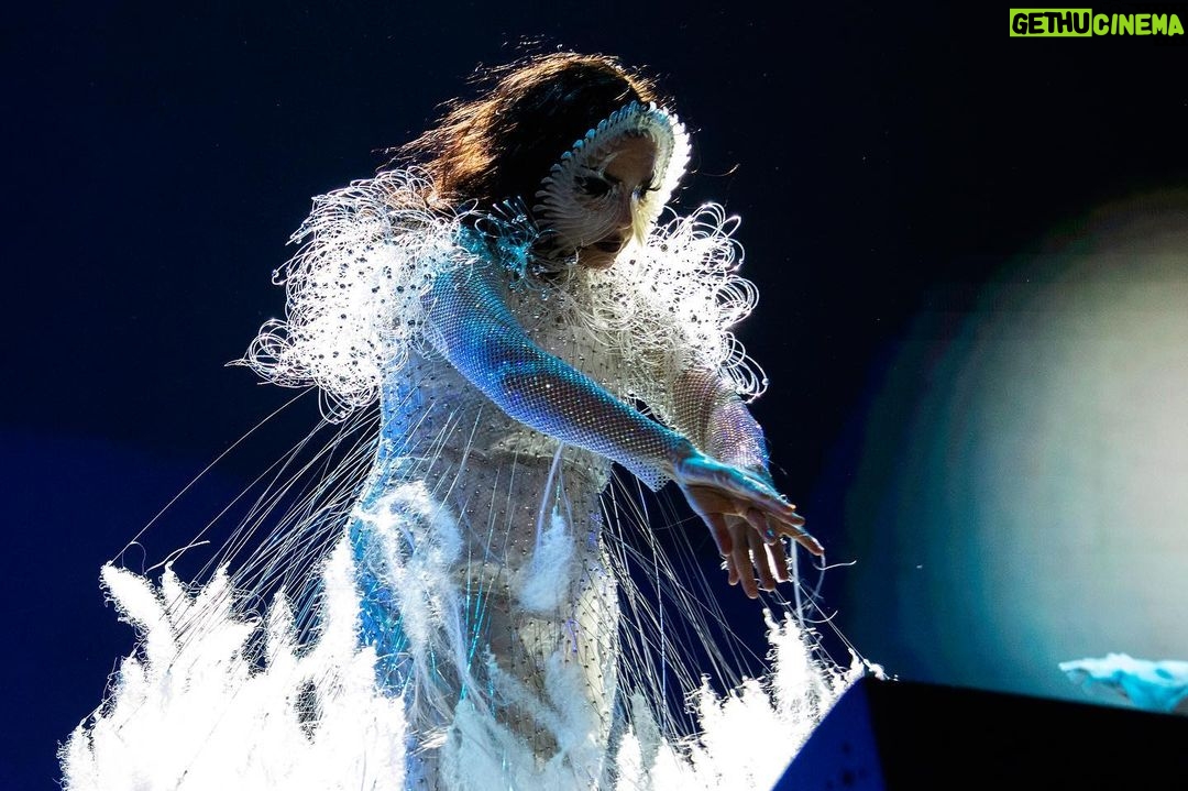 Björk Instagram - @coachella thank you for a magical evening !! conductor @bjarnifrimann orchestra : hollywood string ensemble björk dress @noirkeininomiya headpiece @james.t.merry bodysuit @solangel led sound reacting dress @claradaguin silver skirt @weishengparis makeup @isshehungry bjarni frímann top @maisonvalentino skirt @weishengparis styling @eddagud photos @santiagraphy drone photos @charles.reagan mask design & 3D sculpt @james.t.merry mask production @secca_kanazawa 3D printing support by DMM.make mask technical direction @suganokaoru producer : reiko kunieda drone light performance by @studio.drift @dronestories.show @twofiftyk @novaskystories björk creative direction : björk , @james.t.merry Coachella