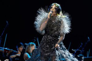 Björk Instagram - thank you @coachella for a wonderful evening !! 
 
conductor @bjarnifrimann 
orchestra : hollywood string ensemble 
björk dresses @noirkeininomiya
headpiece @james.t.merry
latex slip dresses @xvenusprototypex
bodysuit @solangel 
hairpiece @tomikono_wig
makeup @isshehungry
bjarni frimann wearing @jonnycotastudio
styling @eddagud
mask design & 3D sculpt @james.t.merry
mask production @secca_kanazawa
3D printing support by DMM.make
mask technical direction @suganokaoru
producer : reiko kunieda
photos @santiagraphy