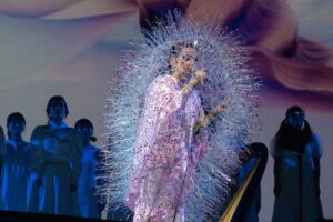 Björk Instagram - dress @noirkeininomiya 
printed bodysuit @thorastefansdtr 
makeup @isshehungry 
styling @eddagud 
photos @santiagraphy