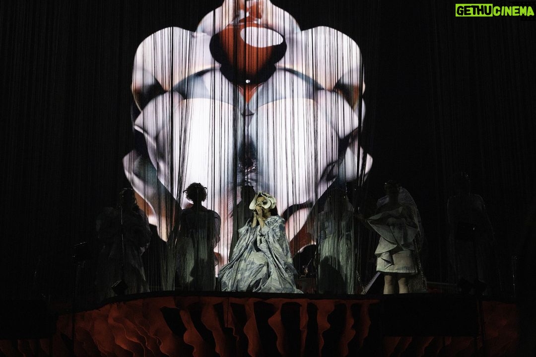 Björk Instagram - thanks for tonight @perthfest ! musicians @viibraflutes , @bergurth , @manudelagomusic , @katiebuckleyharpist choir @voyces_perth photos @santiagraphy björk dress @romancewasborn all band outfits @balmain headpieces @james.t.merry makeup @isshehungry styling @eddagud Perth, Western Australia