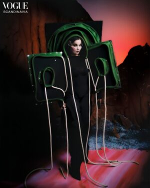 Björk Instagram - for vogue scandinavia @voguescandinavia 

photos: viðar logi @vidarlogi 
stylist: edda gudmundsdottir @eddagud 
masks: james merry @james.t.merry 
makeup: andrew gallimore @andrewgallimakeup 
hair stylist: olivier schawalder @olivierschawalder 
manicurist: cam tran @cam.t.artist 
set designer: sophear van @sophear_van 
assistant: sverrir páll sverrisson @sverrirps 
executive production: directors lab @directors_lab 
local production: lotti projects @lottiprojects 

hand embroidered dragonfly in petri dish: rahul mishra @rahulmishra_7 
black dress: henrik vibskov @henrikvibskov 
"fascia" mask: james merry @james.t.merry 
lace bodysuit: sinèad gorey @sineadgoreylondon 
shoes by jean paul gaultier haute couture by simone rocha @jeanpaulgaultier @simonerocha_ 

jacket with inflatable orbs: straytukay @straytukay 
blue/red gradient print dress: kuai li @quine_li_ 
"fascia" mask: james merry @james.t.merry 

light and sound reactive dress: clara daguin @claradaguin 
aura mask: james merry @james.t.merry 

sculptural garment: leo prothmann @leoprothmann 
silver aura handmade face piece: james merry @james.t.merry 
corset: vivienne westwood @viviennewestwood 
trouser boots: bonnetje @bonnetje.official 

blue outfit: bad binch tongtong @bad_binch_tongtong 
aura mask: james merry @james.t.merry 
bodysuit: maison close @maison_close 
ring: benas staskauskas @staskauskas.jewelry 
tights: burc akyol @burcakyol 
merged pumps: bonnetje @bonnetje.official 
harp: camac harps @camacharps