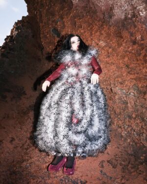 Björk Instagram - i am so honoured to be featured in purple magazine ... it is kinda nuts it is my first time as i recently tidied up my garage and found boxes of old issues ... and strangely enough for some education gave them all to an up and coming photographer in iceland in the middle of covid . the world arranges itself in mysterious and miraculous ways and now few years later that same photographer @vidarlogi is capturing me for the cover in iceland ́s red lava hills .

i would like to thank especially my interviewer @ubi.sunt for initiating this , picking a lush location and an extremely fertile dialogue that is still crocheting it ́s way around my brain ... my inner neurology gently vibrating in the aftershock : i bow , i bow . thanks to @james.t.merry , @eddagud , @joanlbert , @sverrirps , @sunnabjorkmakeup , @steinunnhairstylist for all the help on a sublime day in nature . and to @ozpurple for fighting the integrity fight through decades of keeping niche media relevant and evolving in changing times

@purplefashionmagazine 
outfits @noirkeininomiya 
shoes @grounds.official