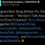 Carolina Gaitán Instagram - Thanks!!! @recordingacademy #grammywinners #wedonttalkaboutbruno @disneymusic @disney ☀️🤫💙❤️ 🙏🏽