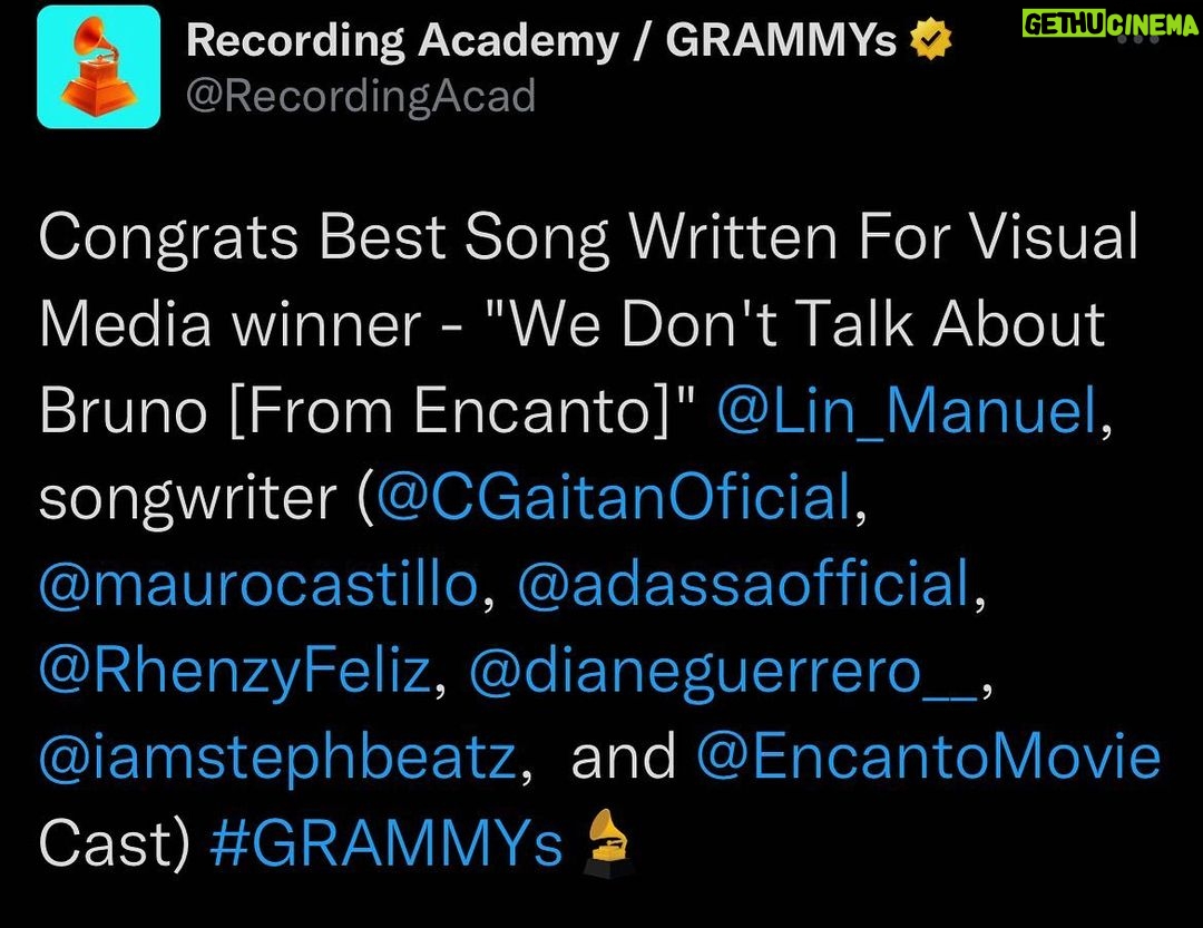Carolina Gaitán Instagram - Thanks!!! @recordingacademy #grammywinners #wedonttalkaboutbruno @disneymusic @disney ☀️🤫💙❤️ 🙏🏽
