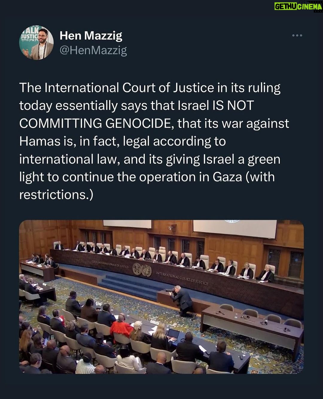 Debra Messing Instagram - #REPOST @henmazzig There’s not much to celebrate about this ruling, there’s no “winning” side and Israel should not have been accused of any of it to begin with and the court’s ruling overlooked many of the atrocities committed by Hamas, its tactics against civilians, and the IDF’s efforts to minimize civilian harm. Nonetheless, it has emerged that the world has been lied to by Hamas and its supporters. The ruling of the International Court of Justice is phrased in mild language, and the Israeli army is already in compliance with them. They call on Israel “not to commit genocide” but not saying that Israel does. By not calling for an immediate ceasefire, the court says “there was enough evidence to prove that no genocide* is being committed”(otherwise they would accept South Africa’s case and urge Israel to stop immediately— logic.) Yes, they have called for the immediate release of the hostages, (positive), and for some Israeli politicians to be held accountable for their poor statements. (Also good) Thus, Hamas and Iran-backed South Africa’s legal team failed, with all their lies, to convince the court that Israel is committing genocide or war crimes for the court to rule for an immediate ceasefire. The court found that Israel has the right to defend itself against the terrorist organization, and did not call for a ceasefire. Thank you ICJ for recognizing that Israel is not breaking rules of war in its defense of Hamas (and Hezbollah and Houthis) aggression. May Hamas release the hostages immediately, and surrender, so peace may be possible between the Israelis and the Palestinians.