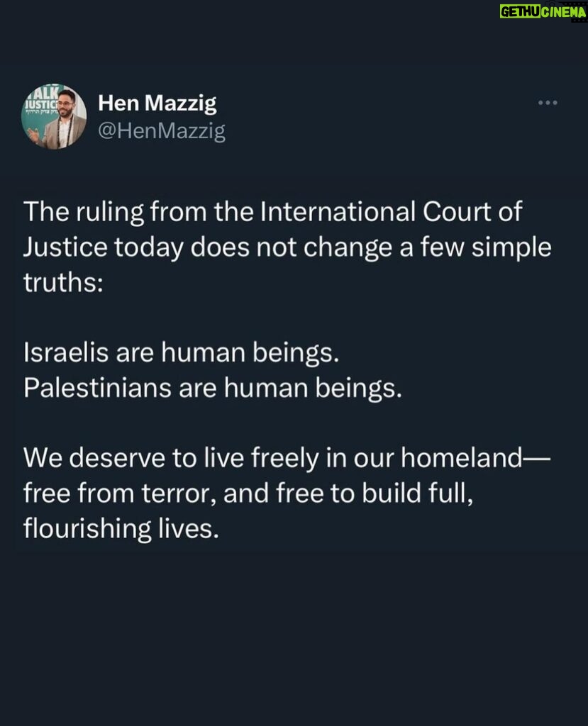 Debra Messing Instagram - #REPOST @henmazzig There’s not much to celebrate about this ruling, there’s no “winning” side and Israel should not have been accused of any of it to begin with and the court’s ruling overlooked many of the atrocities committed by Hamas, its tactics against civilians, and the IDF’s efforts to minimize civilian harm. Nonetheless, it has emerged that the world has been lied to by Hamas and its supporters. The ruling of the International Court of Justice is phrased in mild language, and the Israeli army is already in compliance with them. They call on Israel “not to commit genocide” but not saying that Israel does. By not calling for an immediate ceasefire, the court says “there was enough evidence to prove that no genocide* is being committed”(otherwise they would accept South Africa’s case and urge Israel to stop immediately— logic.) Yes, they have called for the immediate release of the hostages, (positive), and for some Israeli politicians to be held accountable for their poor statements. (Also good) Thus, Hamas and Iran-backed South Africa’s legal team failed, with all their lies, to convince the court that Israel is committing genocide or war crimes for the court to rule for an immediate ceasefire. The court found that Israel has the right to defend itself against the terrorist organization, and did not call for a ceasefire. Thank you ICJ for recognizing that Israel is not breaking rules of war in its defense of Hamas (and Hezbollah and Houthis) aggression. May Hamas release the hostages immediately, and surrender, so peace may be possible between the Israelis and the Palestinians.