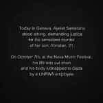 Debra Messing Instagram - Today in Geneva, Ayelet Samerano stood strong, demanding justice for the senseless murder and kidnapping of her son, Yonatan, 21. On October 7th, at the Nova Music Festival, his life was cut short and his body was taken to Gaza by a UNRWA employee. Enough is enough. #ReplaceUNRWA