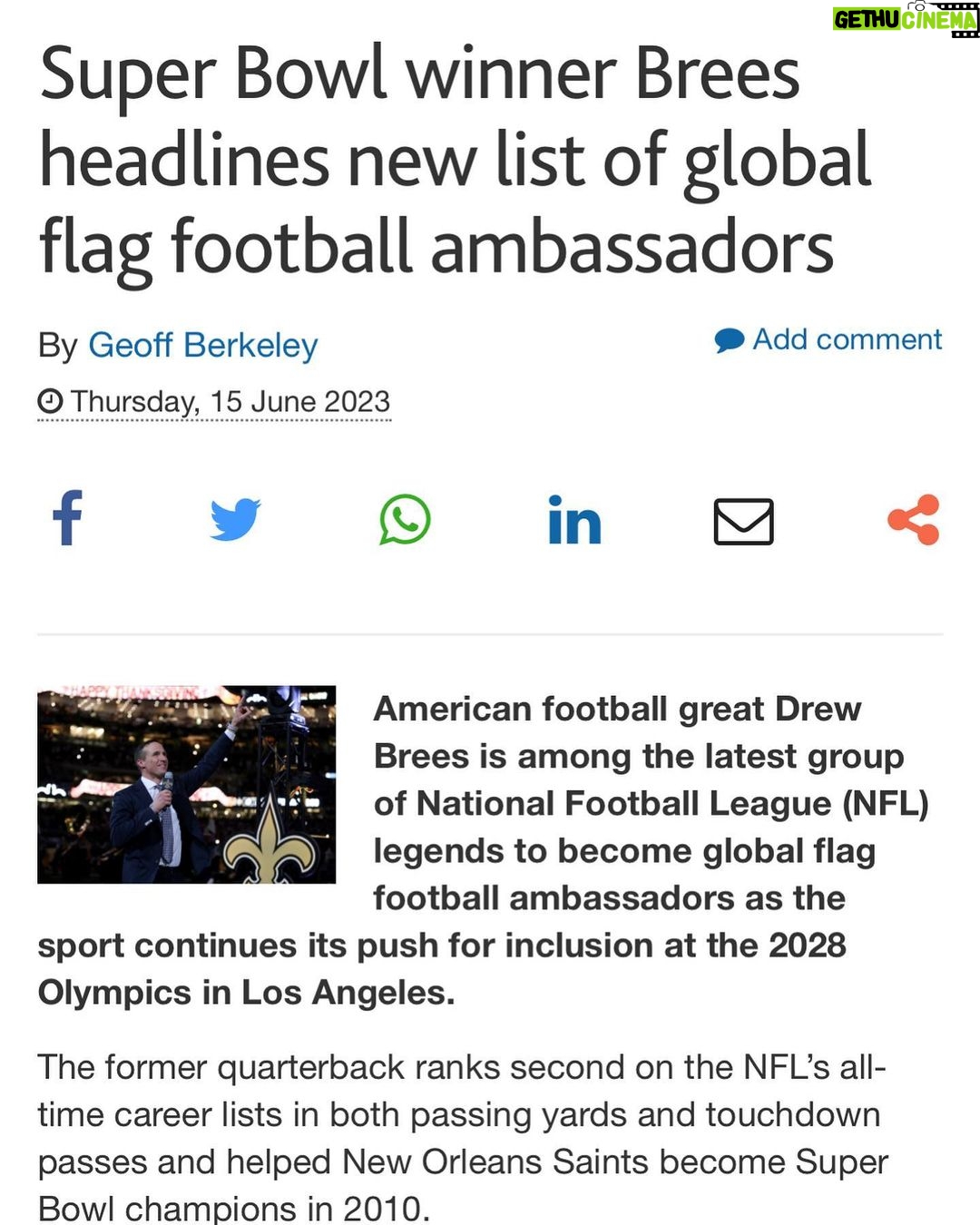 Drew Brees Instagram - I’m looking forward to speaking together with @nfl and @ifafmedia at #FutureofSport by #VivaTech and #GWSParis tomorrow - a gathering dedicated industry to the positive transformation of sport. Here in Paris in my new role as a Global Flag Football Ambassador to talk about the future of #flagfootball The Goal: Grow the sport globally, impact young people’s lives positively thru football, and have Flag Football as an Olympic Sport at the ‘28 LA Olympics! @vivatech @globalsportsweek