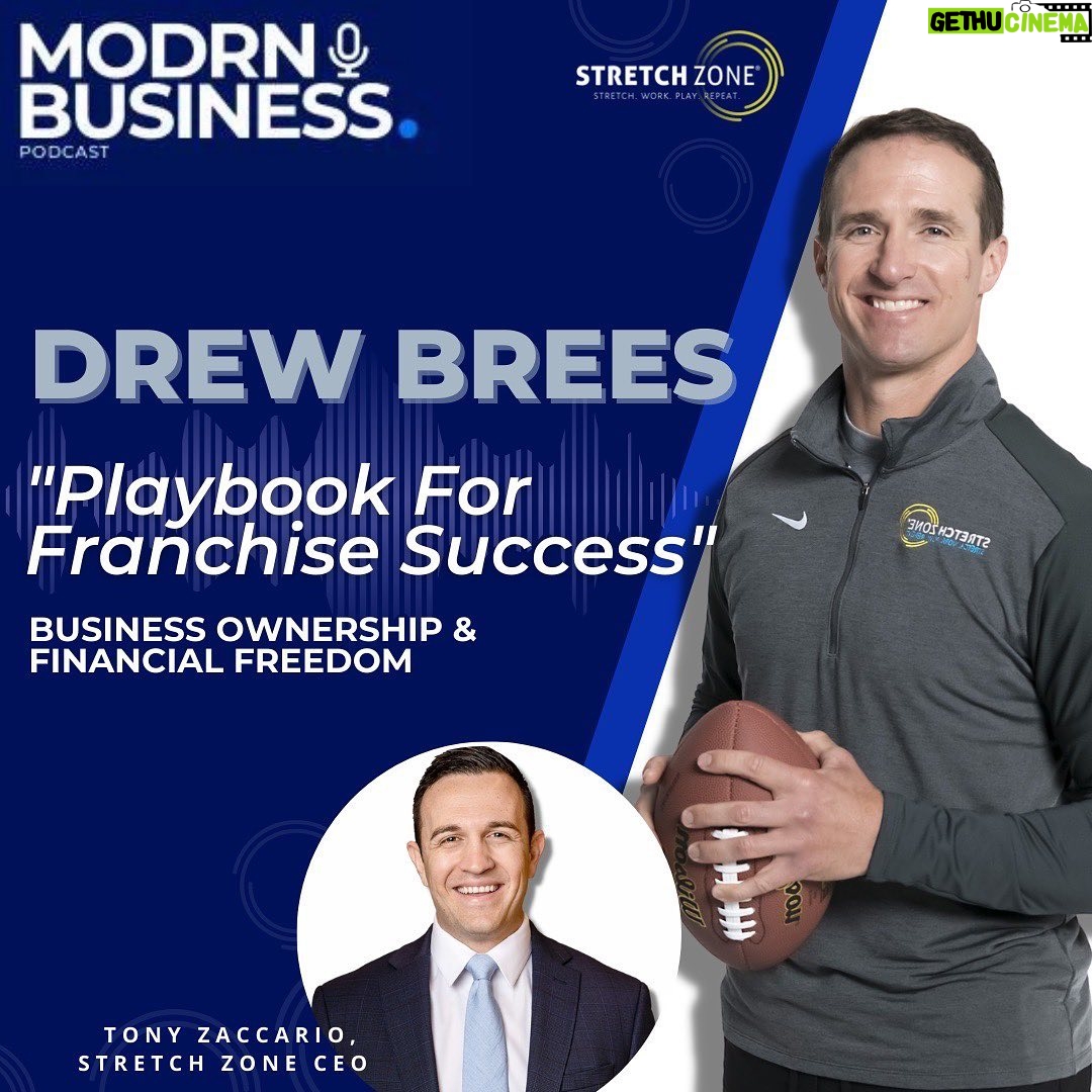Drew Brees Instagram - @drewbrees, NFL icon and multi-unit franchisee, along with our President and CEO @tonyzaccario, were recently interviewed on the Modrn Business Podcast hosted by @ryanthomashicks — a podcast dedicated to exploring lessons from leaders in franchising and franchise tech. Tune in to hear them discuss how franchises like Stretch Zone offer sustainable business options and opportunities to: ✅ Be a business owner ✅ Build a brand ✅ Gain financial freedom ✅ Connect with community Be sure to listen all the way to the end for a shout-out to @garyvee. Drew would still love to get dinner and talk football, NFTs, and wine. Tap the bio link at @stretchzone to listen to the episode released today!