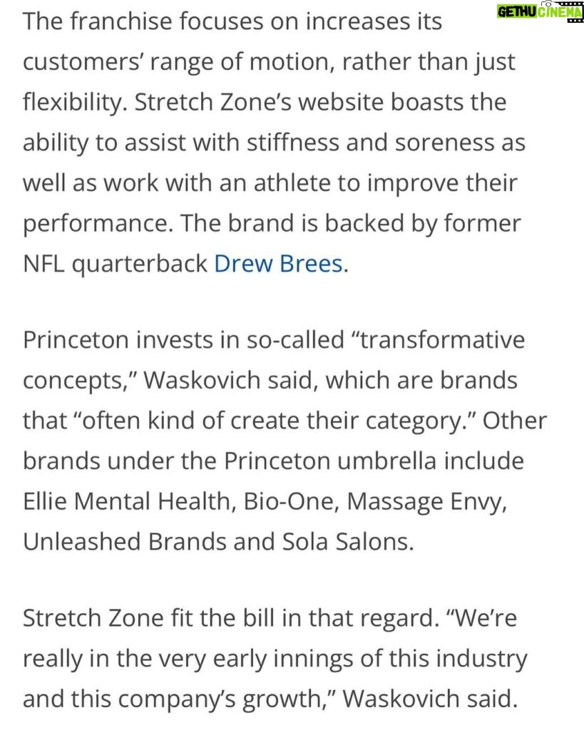 Drew Brees Instagram - Excited to partner with Princeton Equity as we continue to grow @stretchzone franchises through the country. 268 units and counting! The difference you feel after getting off the table is immeasurable! Whatever you’re looking to achieve, we got you!