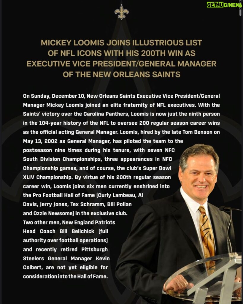 Drew Brees Instagram - Incredible accomplishment by General Manager Mickey Loomis of the @saints ! 200 career wins…joins elite company. Hall of Fame company! Well deserved! Keep counting them!