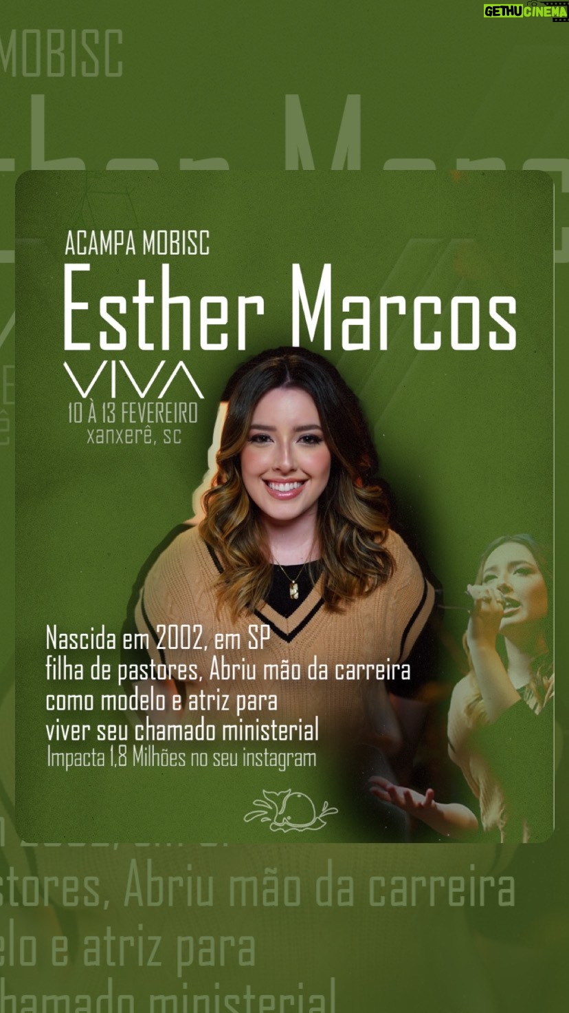 Esther Marcos Instagram - E ai, já está na sua playlist? Esther Marcos, filha de pastores iniciou sua carreira como modelo e atriz mas o chamado ministerial que já lhe acompanha de família, ardeu mais alto ao coração. Cantora, pregadora, youtuber e influenciadora digital, são algumas das formas que ela usa para alcançar a nova geração No dia 12/02 ela estará conosco no Acampa Mobisc - VIVA Atenção: para quem não estiver acampando, o culto será aberto ao público com um valor simbólico ✅ Chama os amigos e vamos VIVER dias incríveis 🏕️🥳 Xanxerê-SC