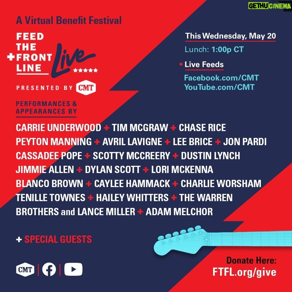 Faith Hill Instagram - We’re streaming today in support of Feed The Front Line, and bringing meals to people in need & those on the front lines of the COVID-19 pandemic. Watch on @cmt’s Facebook and YouTube channels and if you would like to donate, visit FTFL.org/give