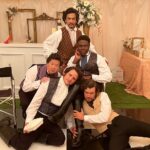 Jack Whitehall Instagram - The first two episodes of The Afterparty launch this week on @appletv episode 2 is so fun, a full blown Jane Austen homage. It was so good to finally get to don some really tight pants and rock out the curlers. Here we are relaxing backstage looking like a period boy band. #NewGentlemenontheEstate. #HeirsToMen #OnePersuasion