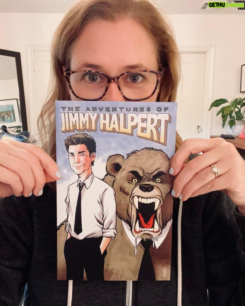 Jenna Fischer Instagram - It’s Classy Christmas Part 2 on Office Ladies today and we got the full story behind the creation of Pam’s gift to Jim - The Adventures of Jimmy Halpert from artist @tonerodriguez2000 (You are going to love this story @mindykaling ) Angela’s husband @joshuasnyder created an F Train to Brooklyn cocktail in honor of this episode and producer @cassijerkins might have finally freed the clacky balls. Link in bio and this will all make sense.